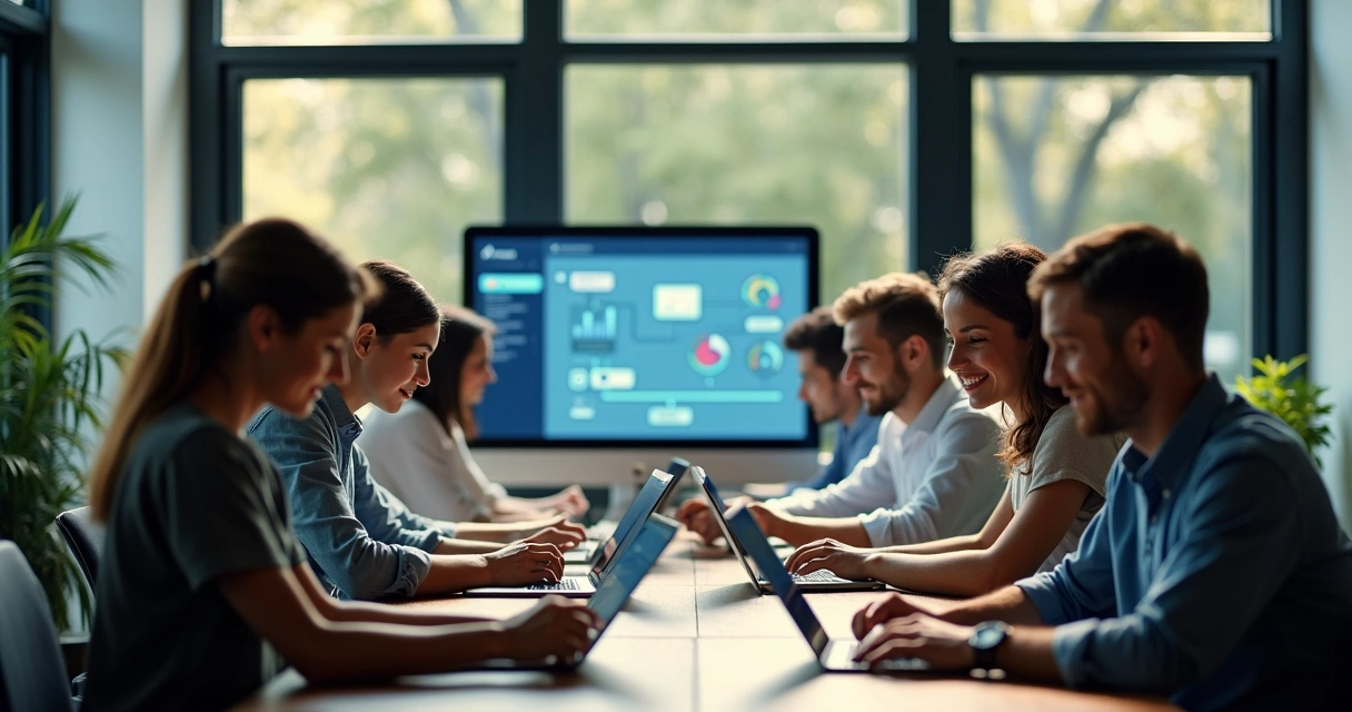 Equipe de pequena empresa trabalhando com ferramentas digitais automatizadas 