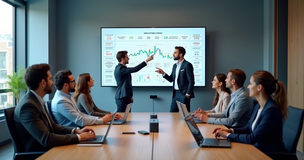 Equipe multidisciplinar discutindo gráficos de performance em uma tela digital 