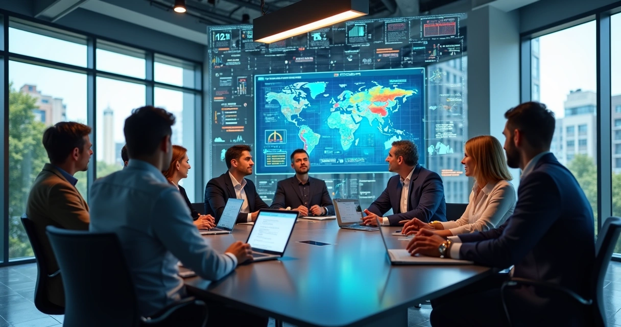 Sala de reunião com telas digitais mostrando gráficos e IA em ação 