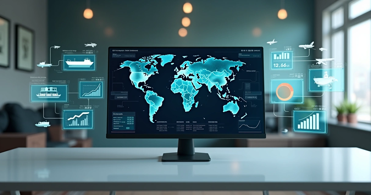 Painel 3D de ERP para agente de carga com mapa mundial e ícones de logística interligados 