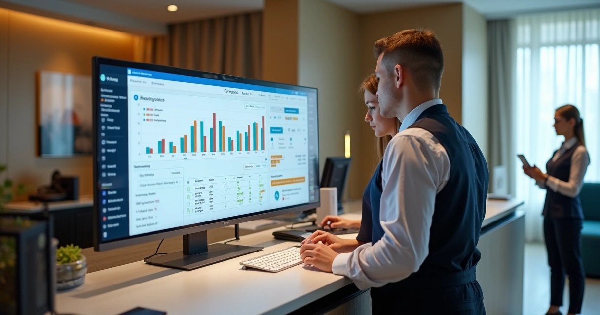 Gestor de hotel analisando painel de PMS com reservas e mapa de ocupação 