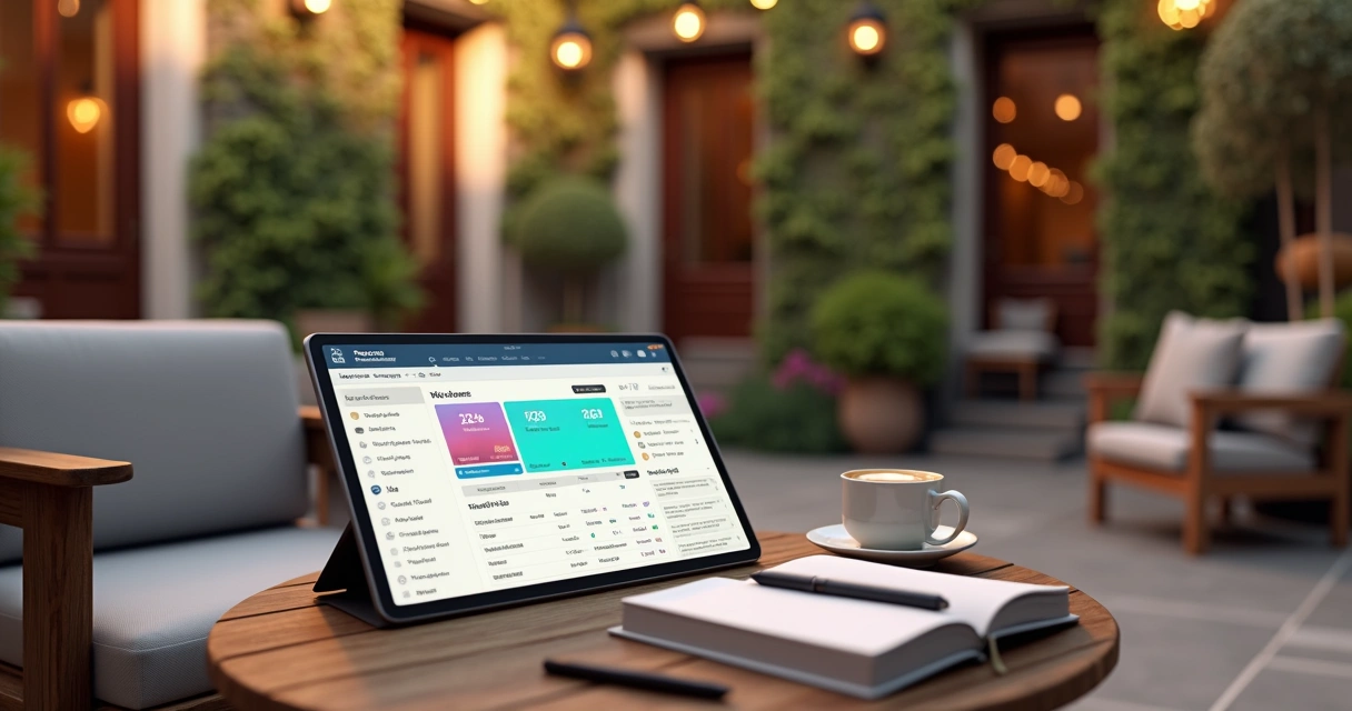 Gestor confere PMS em tablet em área externa de hotel boutique 