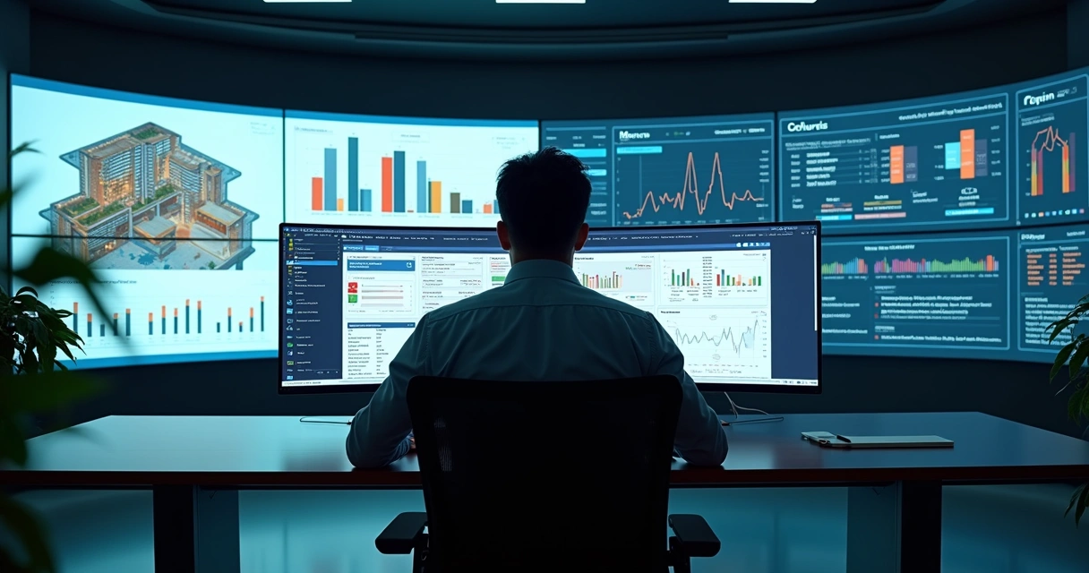 Operations manager viewing real-time property data and risk metrics on large control wall 