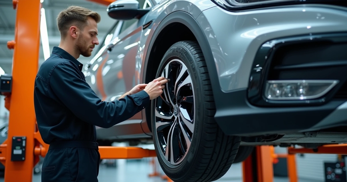 Mecânico checando pneus de carro elevado em oficina
