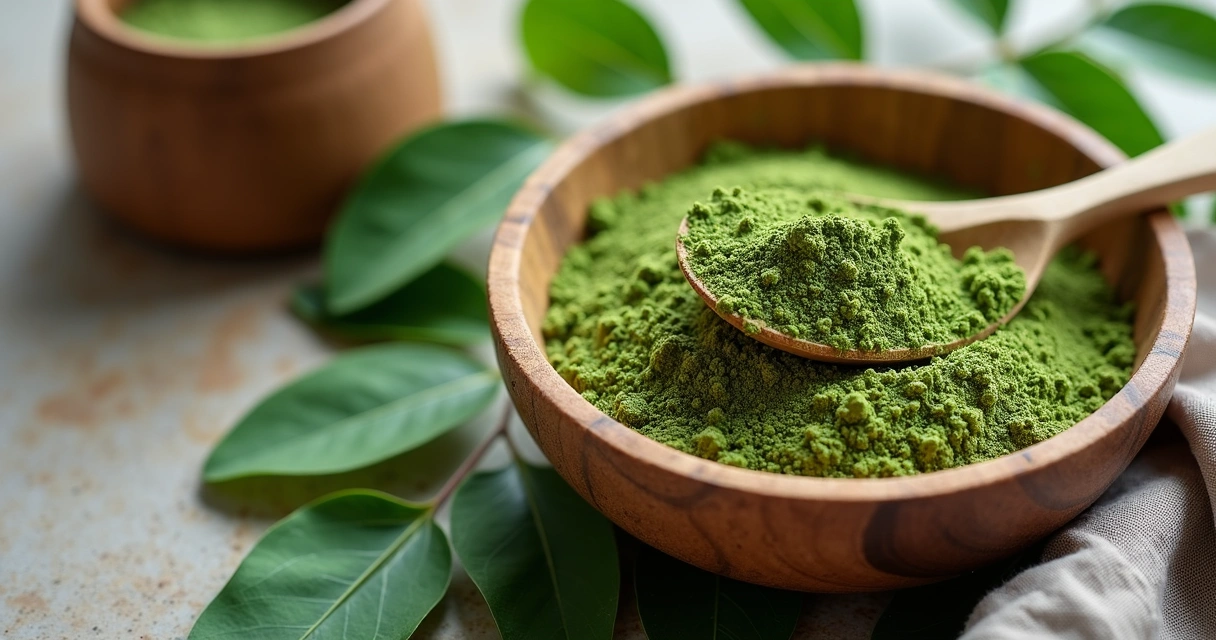 Pó de moringa ao lado de folhas frescas