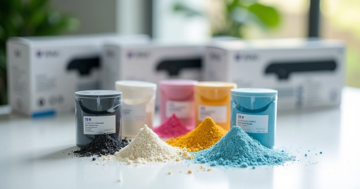 Pó para recarga de toner em embalagens diversas com cartuchos de impressora ao fundo 