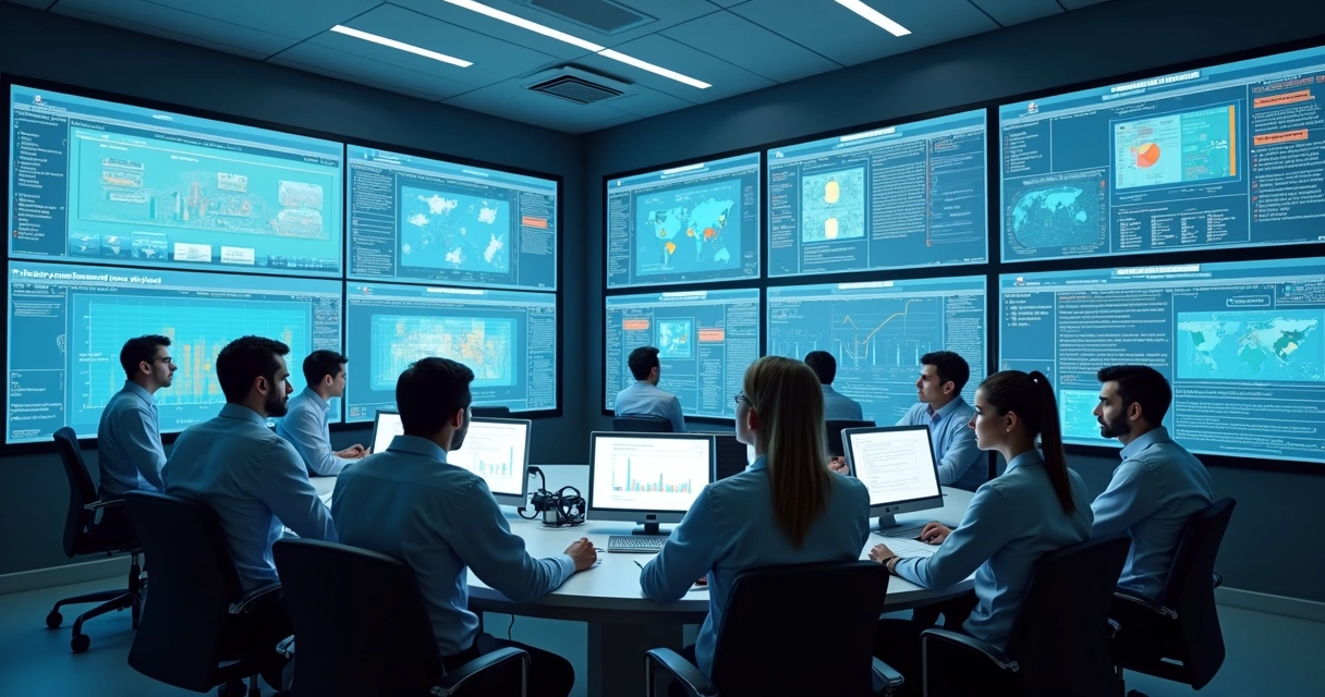 Equipe de especialistas analisando dados de um hospital em várias telas 