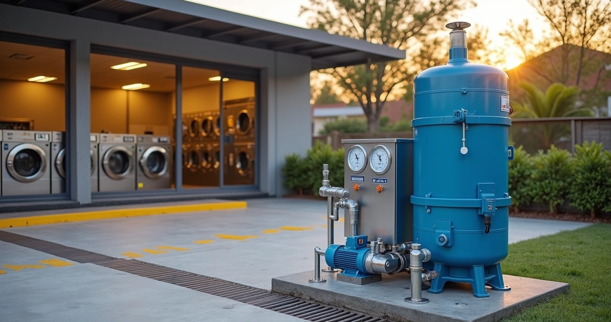 Visão aérea de área externa com poço artesiano ao lado de lavanderia industrial moderna 