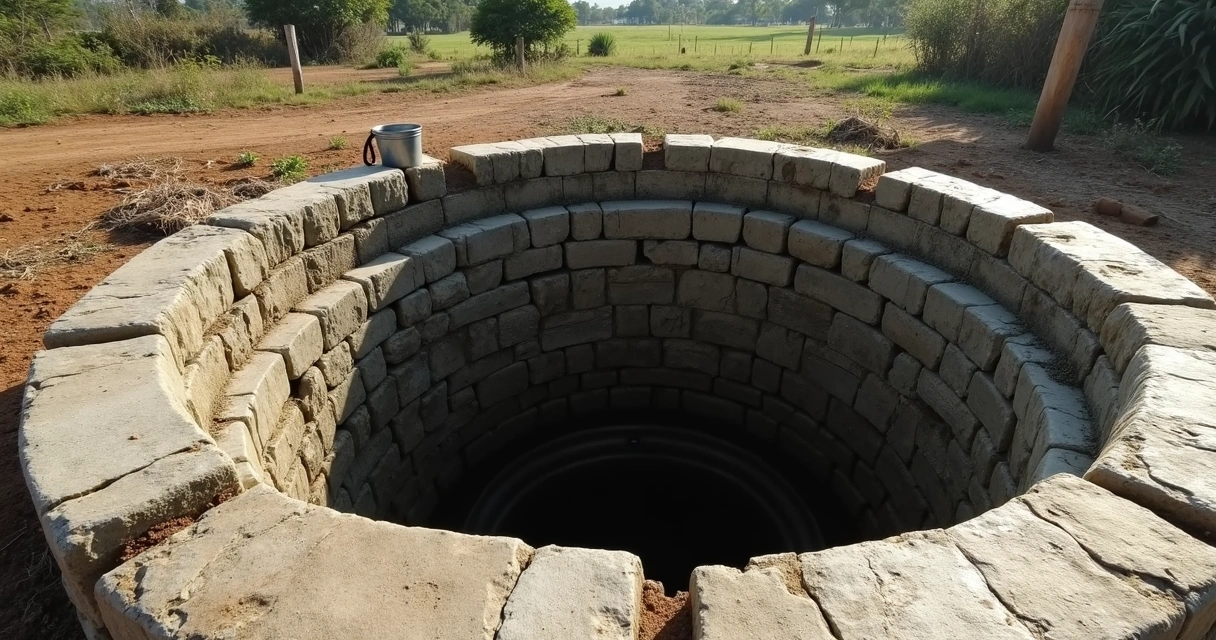 Poço caipira tradicional com anéis de cimento e balde d’água ao lado 
