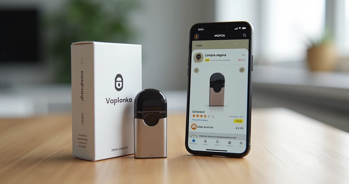 Pod descartável apoiado em mesa ao lado de smartphone com site de loja virtual aberta 