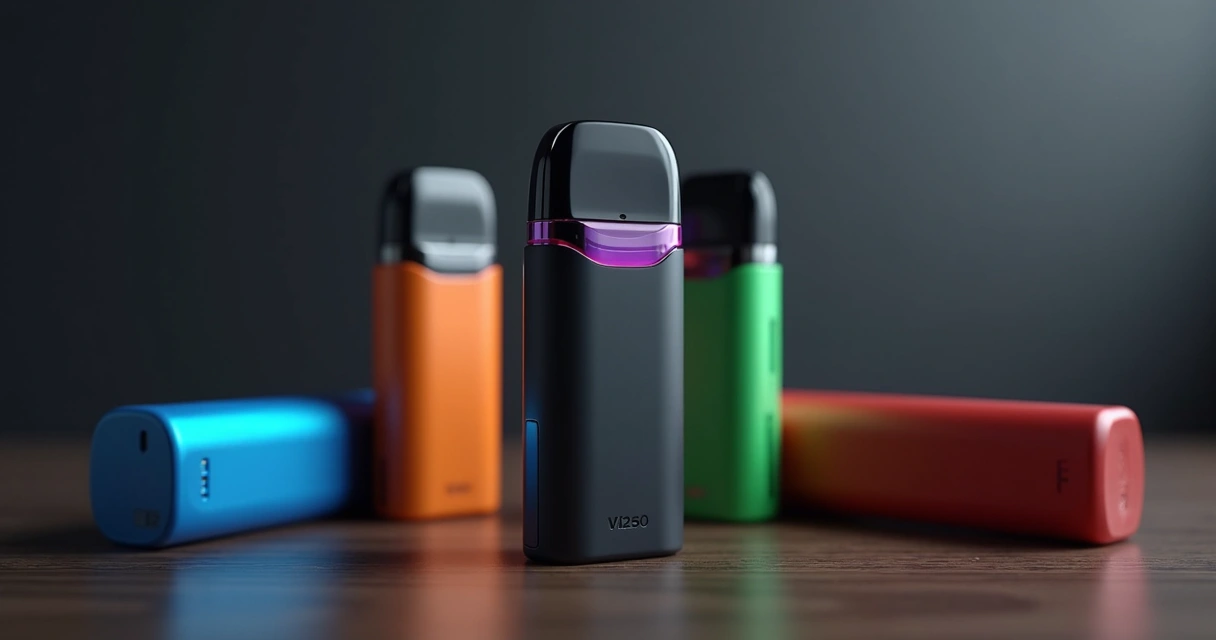 Vários pods descartáveis Ignite V150 coloridos organizados sobre mesa escura 