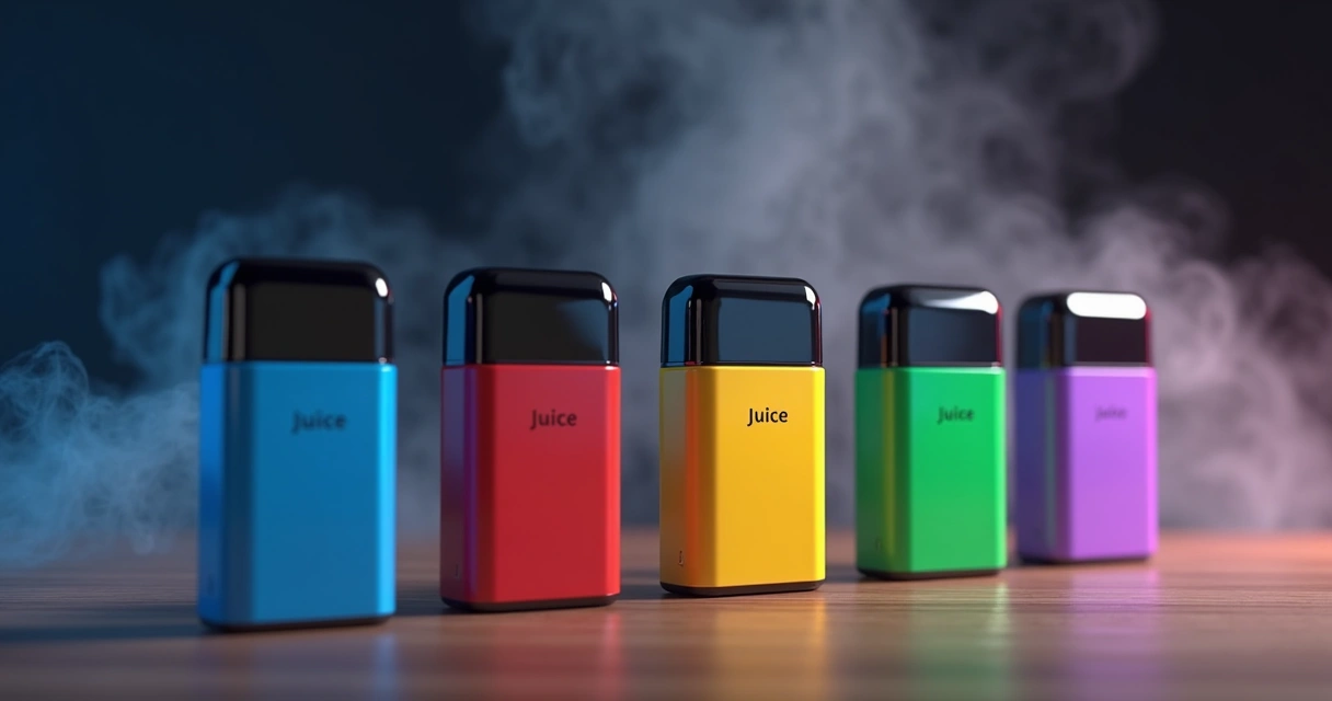 Vários pods descartáveis coloridos em pé sobre mesa com nuvens de vapor ao fundo 