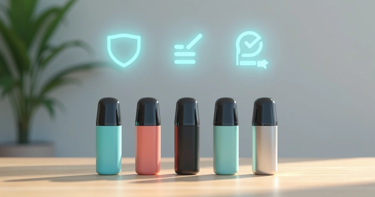 Pods descartáveis coloridos organizados sobre mesa com ícones de segurança ao fundo 