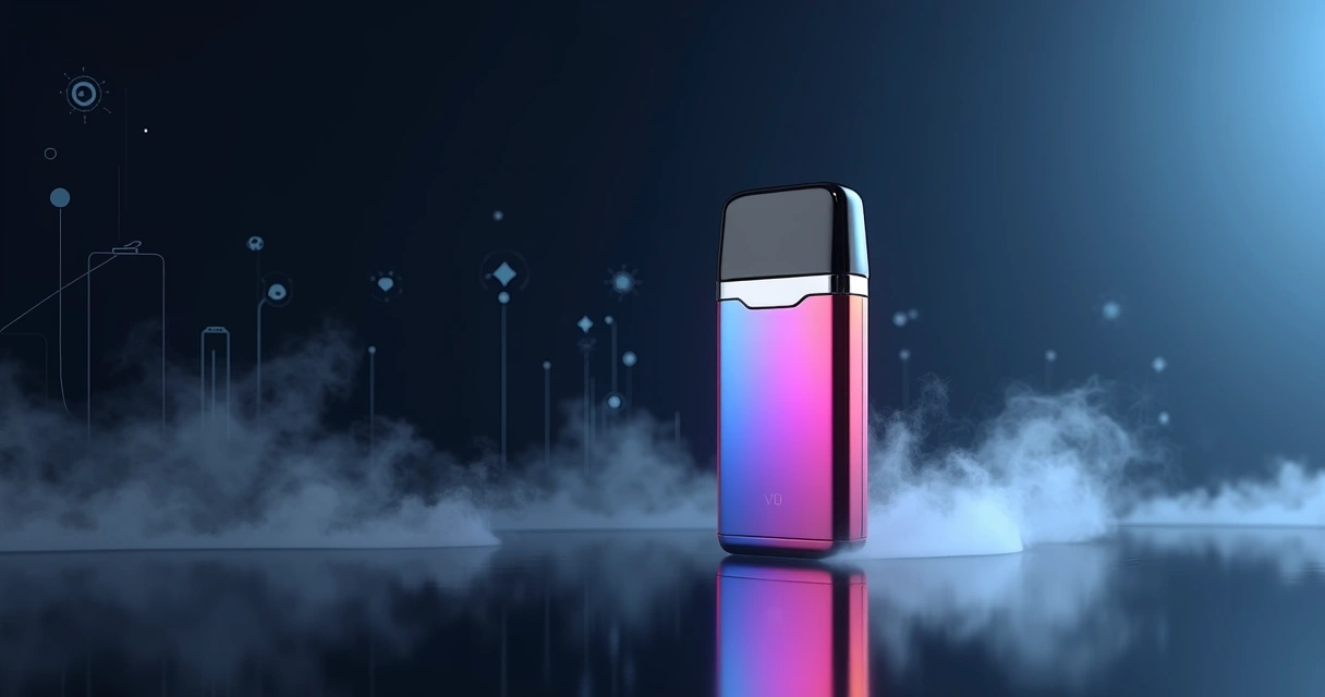 Pod descartável V55 Ultra colorido em destaque com fumaça suave e fundo tecnológico azul 