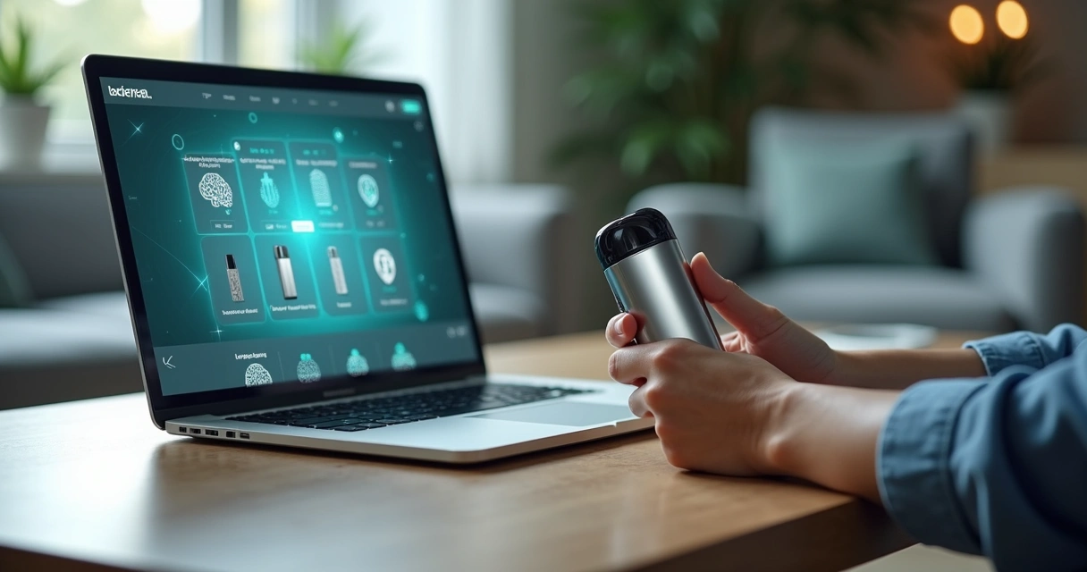 Consumidor segurando pod vape ao lado de notebook com tela de loja virtual e ícones de inteligência artificial e segurança digital 