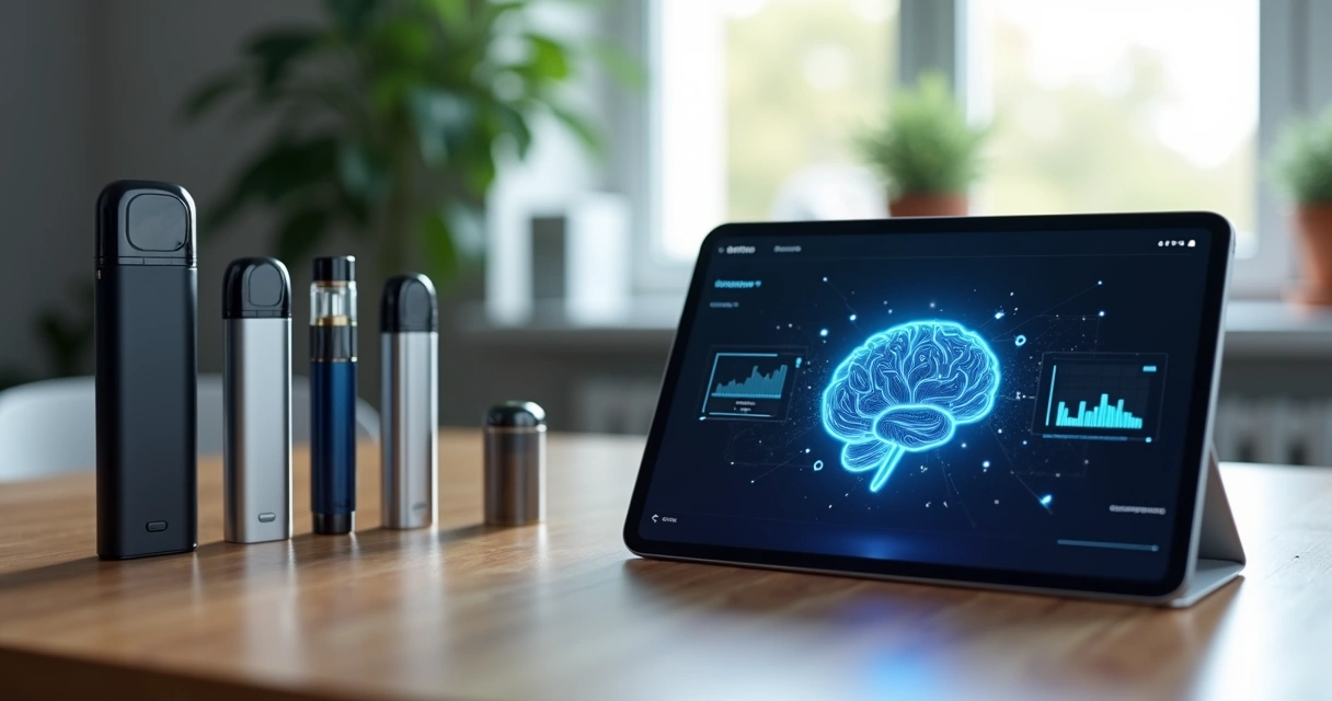 Pods e vapes sobre mesa de madeira ao lado de tablet com gráfico de inteligência artificial 