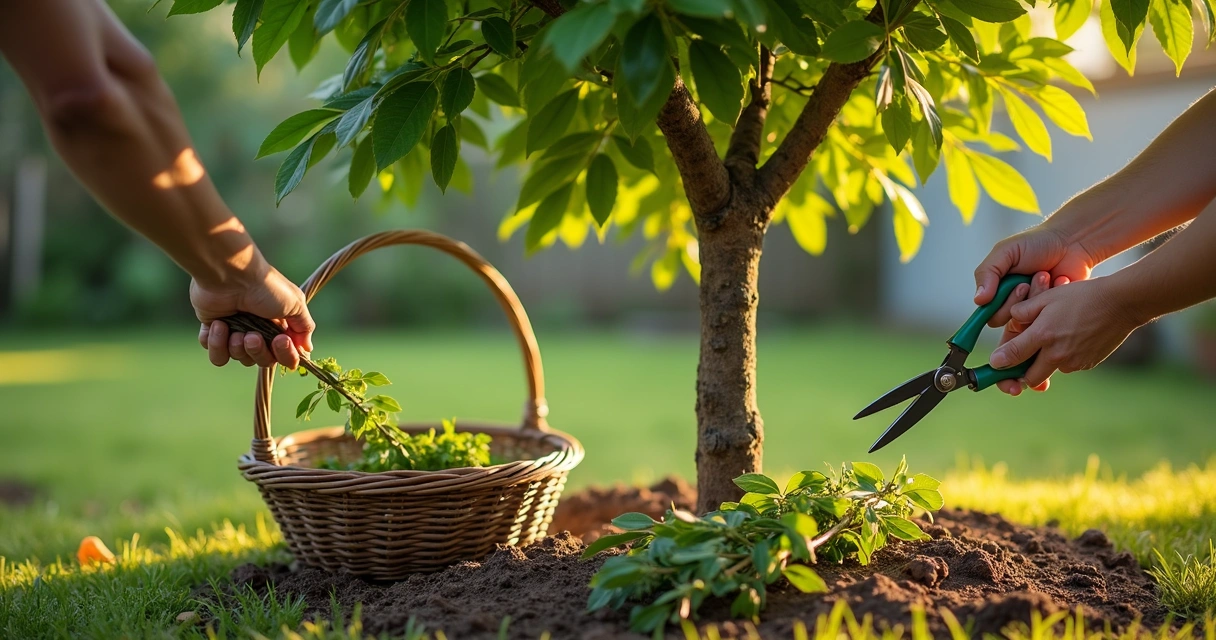 Mãos podando cuidadosamente galhos de moringa em jardim ensolarado 