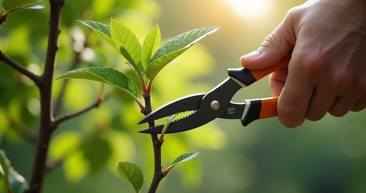 Tesoura de poda cortando galho de moringa jovem 
