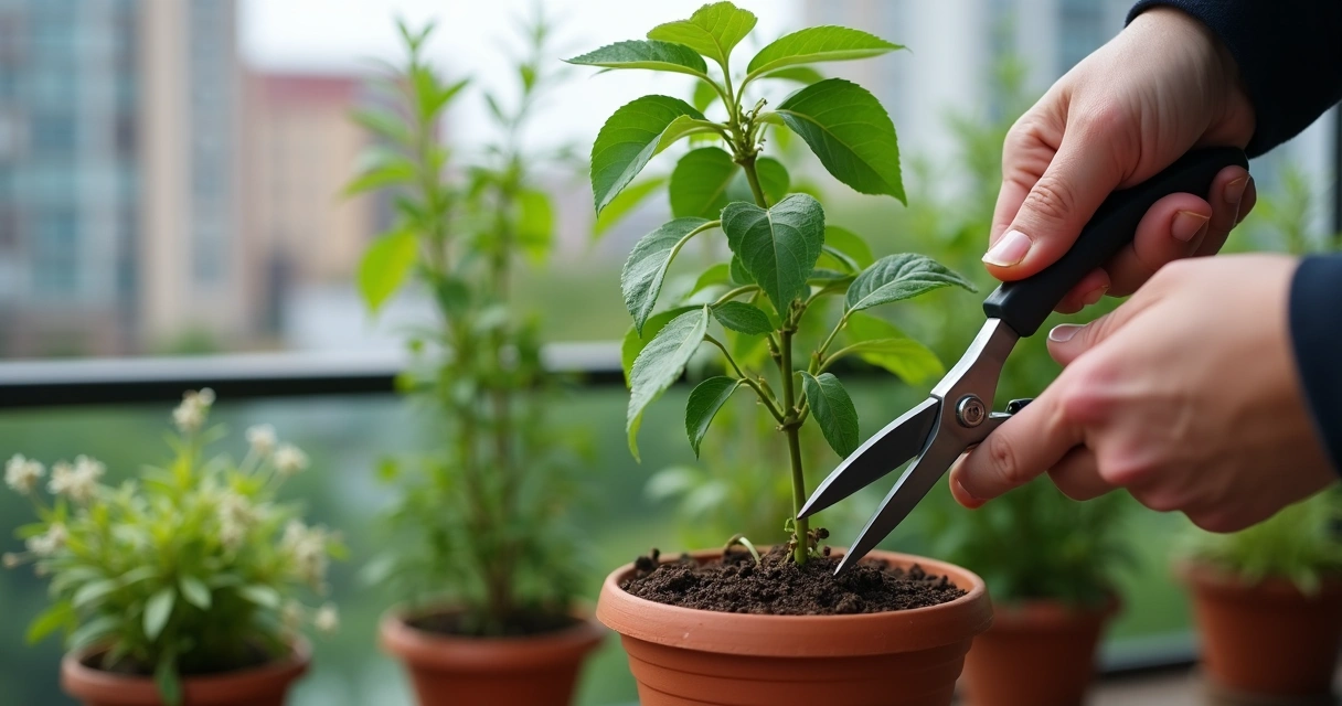 Pessoa podando moringa em vaso na varanda, com tesoura de poda 