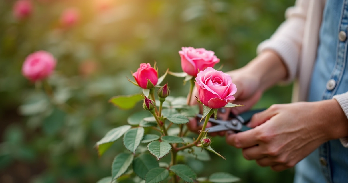 Mãos femininas podando roseira e florescendo depois 