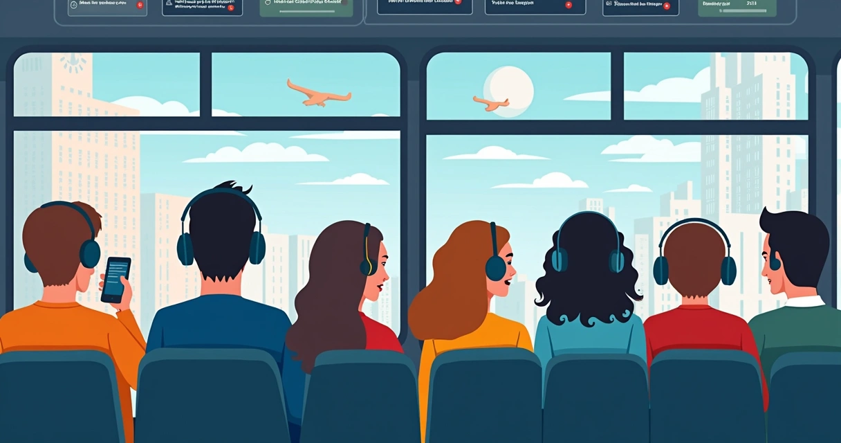 Pessoas ouvindo podcast em transporte público enquanto temas políticos são discutidos. 