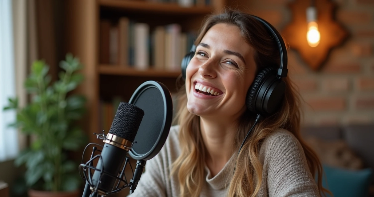 Mulher sorrindo com fones de ouvido em ambiente aconchegante enquanto grava podcast 