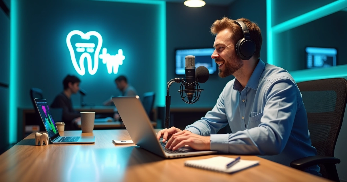 Dentista grava podcast em estúdio moderno com identidade visual de clínica 