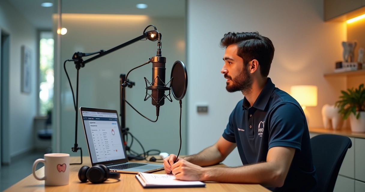 Dentista gravando podcast de marketing para clínica em estúdio moderno 