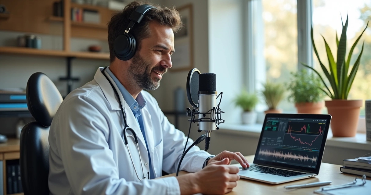 Dentista gravando podcast no consultório 