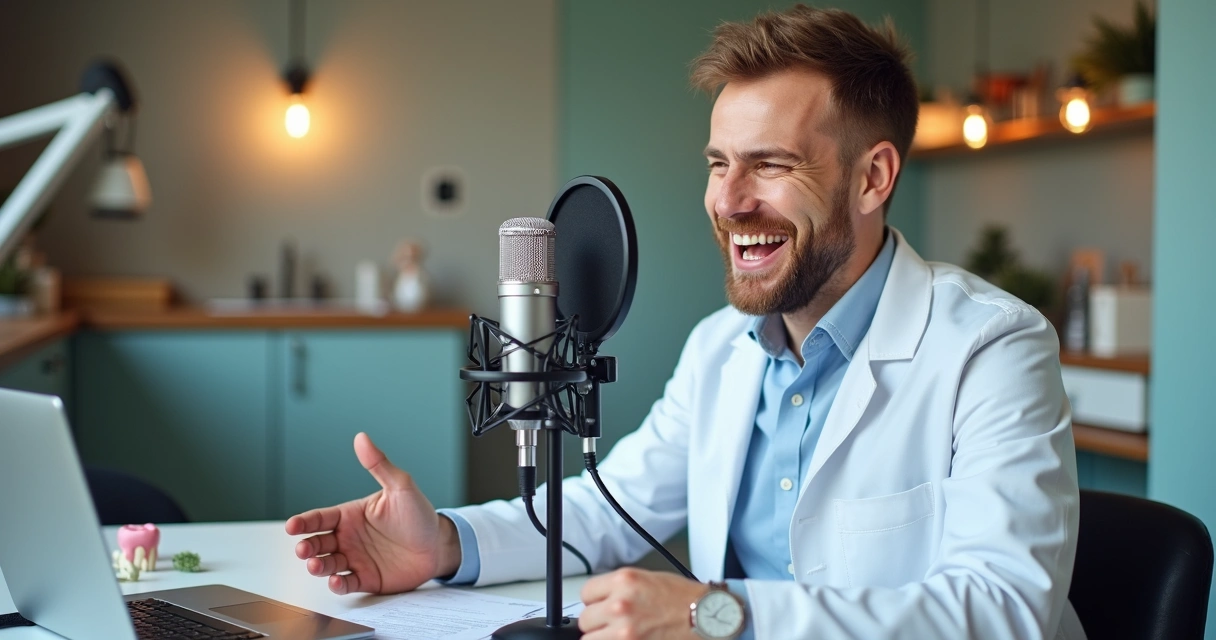 Dentista sorrindo gravando podcast em consultório odontológico 
