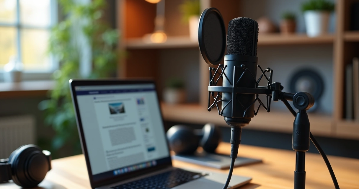 Microfone de podcast ao lado de notebook com blog aberto na tela 