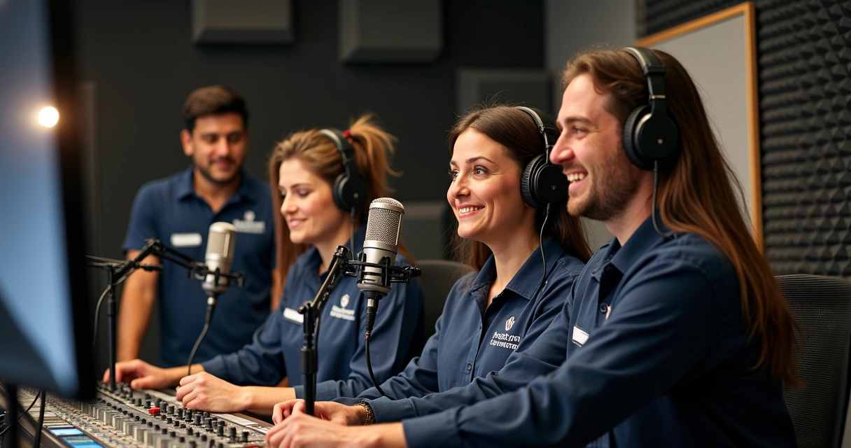 Equipe técnica ajustando equipamentos em estúdio de podcast corporativo 