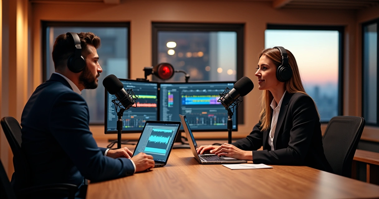 Executivos gravando podcast corporativo em estúdio profissional moderno 