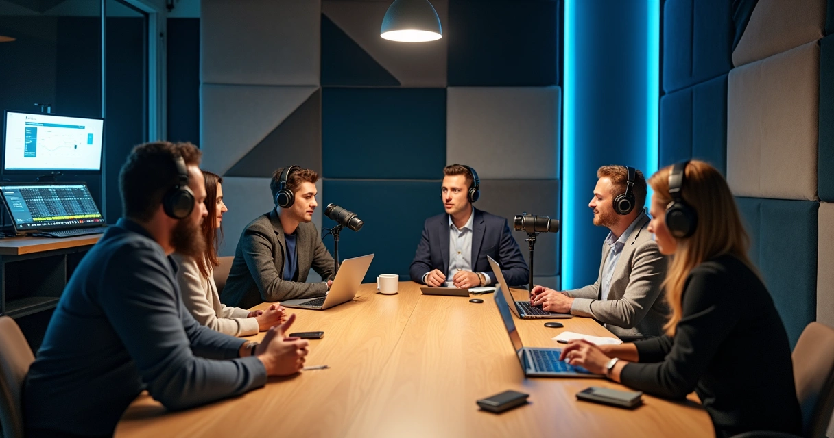 Equipe corporativa gravando podcast em mesa redonda em estúdio moderno 