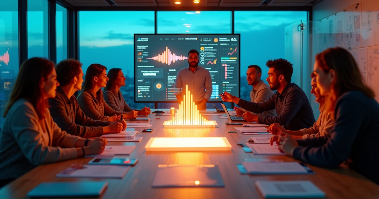 Equipe criativa planejando podcast corporativo em ambiente moderno 