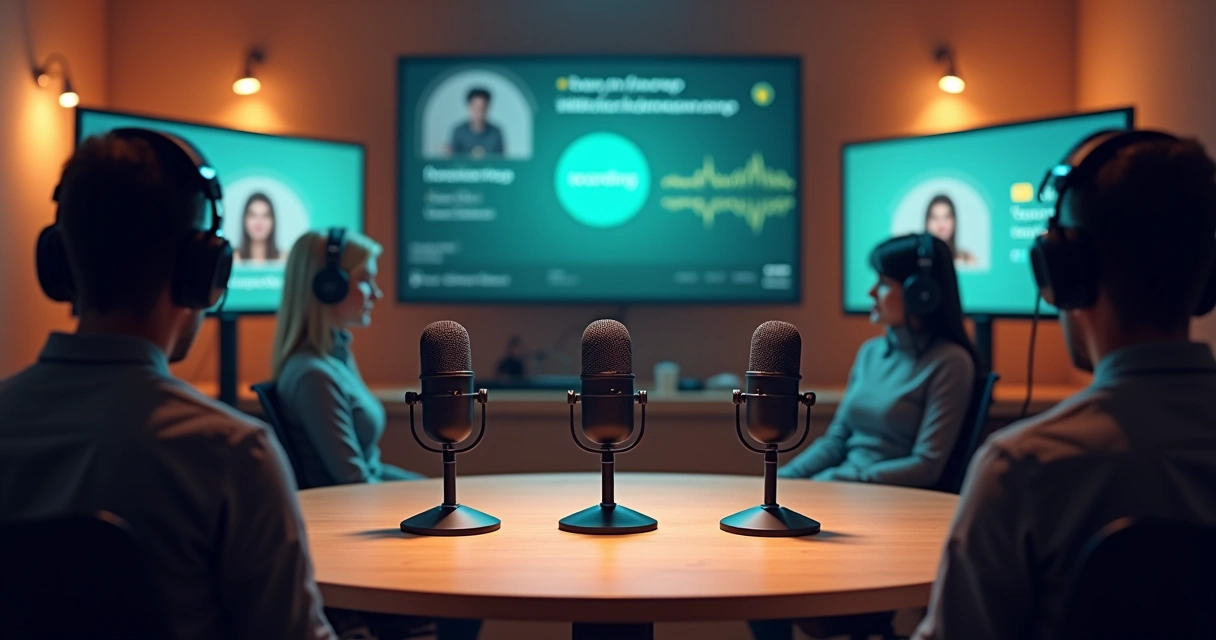 Três microfones em mesa rodeada de telas com gráficos sonoros e personagens digitais 