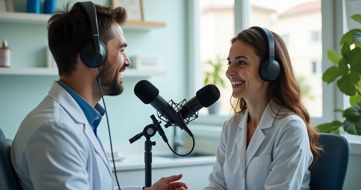 Dentista grava podcast com paciente na clínica 