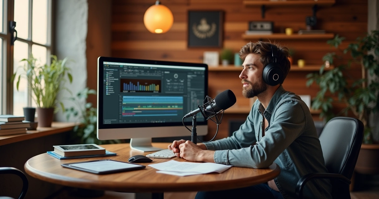 Professor gravando podcast em estúdio educativo