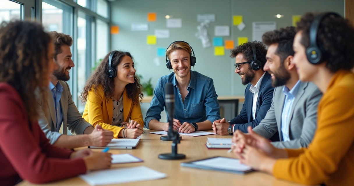 Equipe de diversos profissionais reunida em volta de microfone de podcast, expressando engajamento 