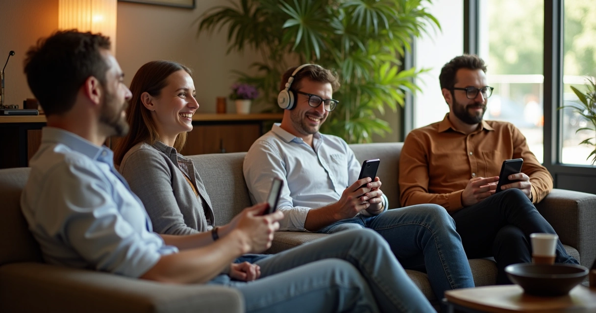 Equipe ouvindo podcast no celular na sala de espera 