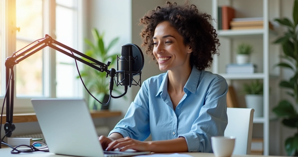 Jessica Spencer gravando podcast sobre inteligência artificial 