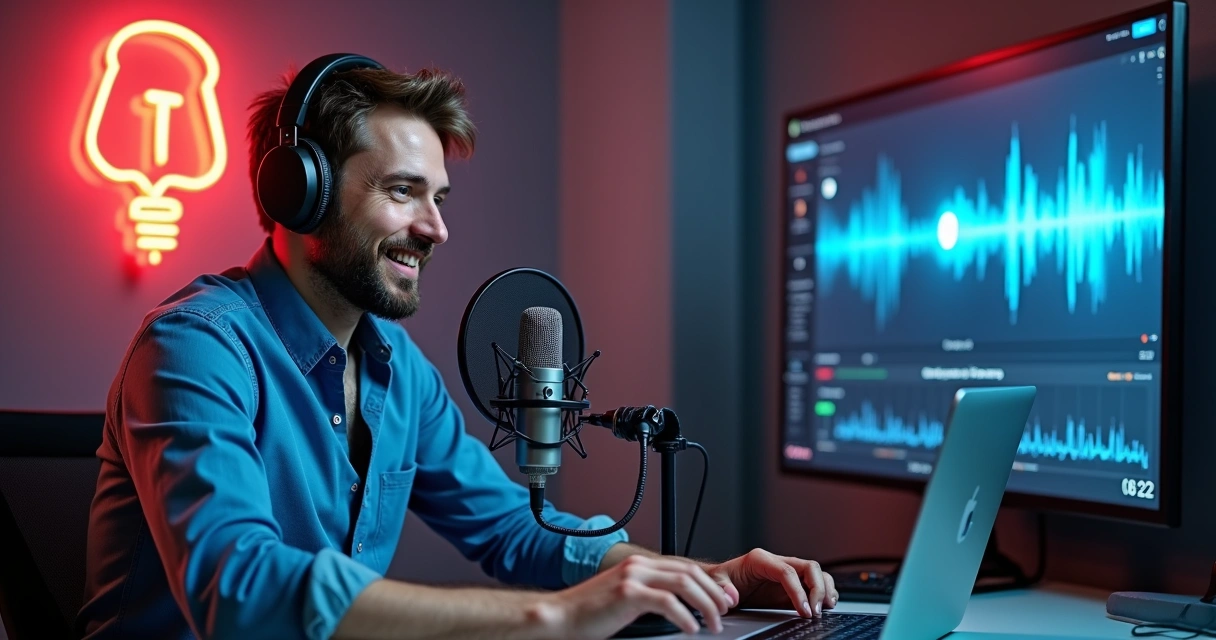 Homem apresentando podcast sobre inteligência artificial para marketing 