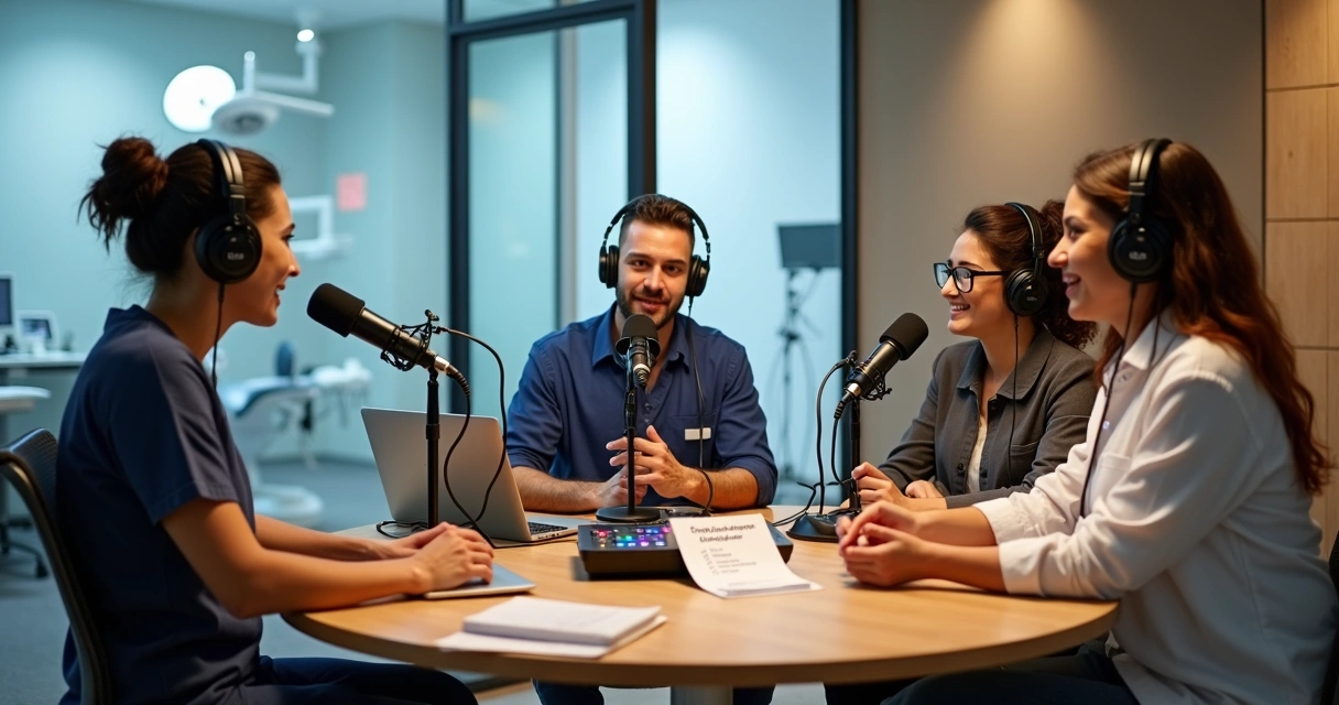 Equipe de clínica odontológica gravando podcast interno em estúdio moderno 