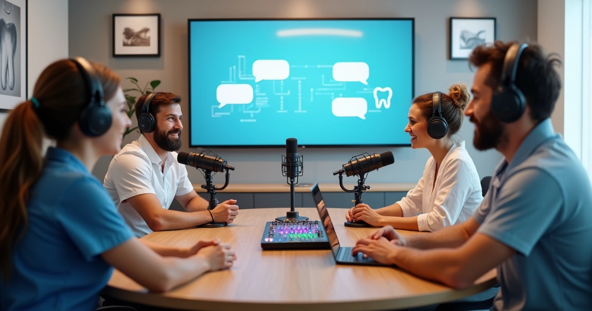 Equipe de clínica odontológica gravando podcast interno em mesa redonda com microfones 