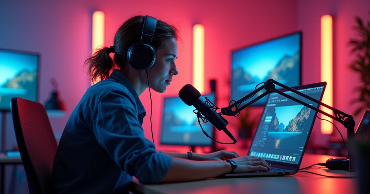 Profissional de marketing ouvindo podcast em estúdio com microfone e notebook 