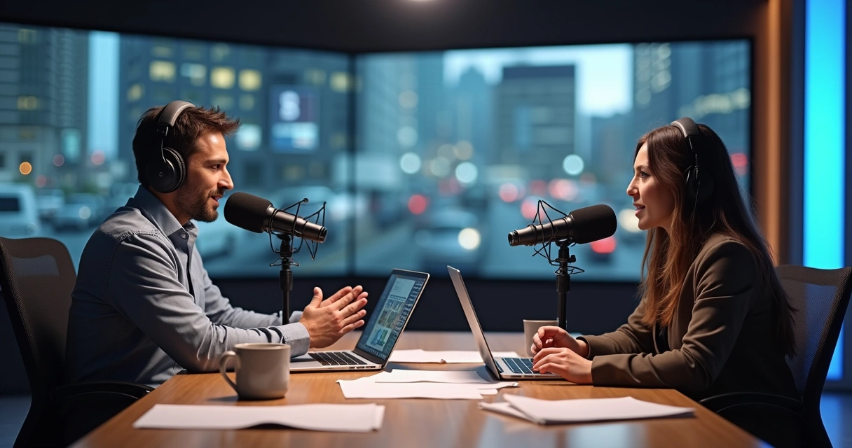 Gravação de podcast de notícias em estúdio moderno 