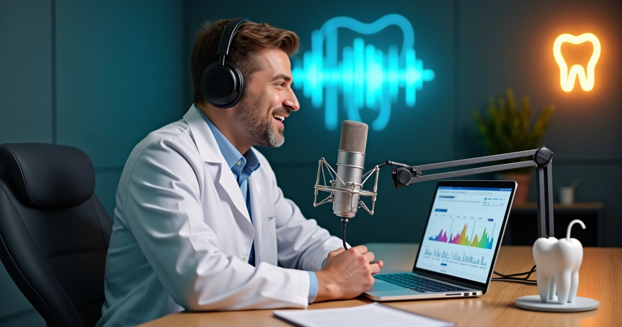 Dentista gravando podcast educativo de odontologia em estúdio moderno 