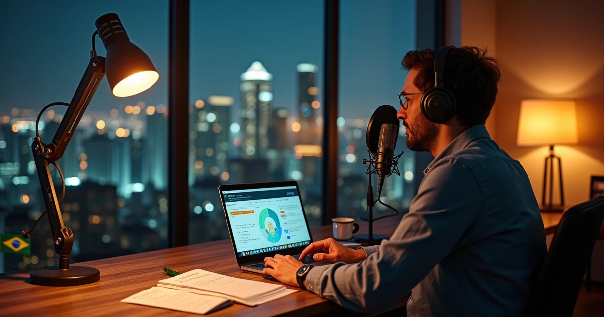 Host de podcast político em estúdio moderno falando ao microfone com cidade ao fundo 