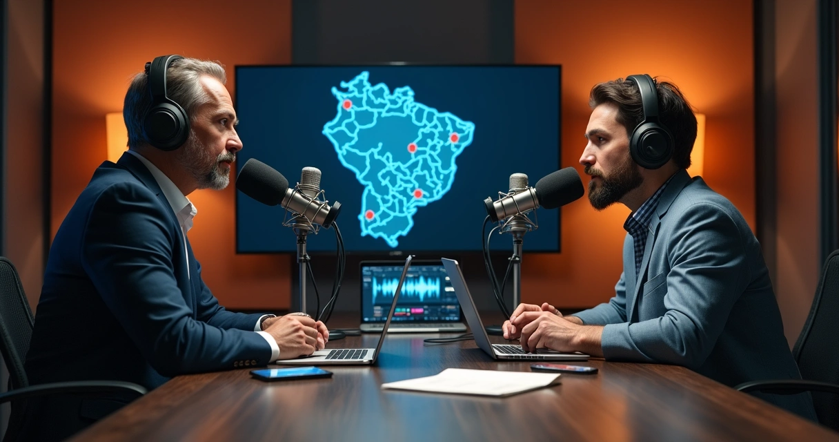 Host de podcast político regional entrevistando liderança local em estúdio moderno 