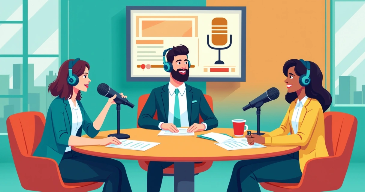 Mesa redonda com microfones e profissionais discutindo temas sindicais para podcast 